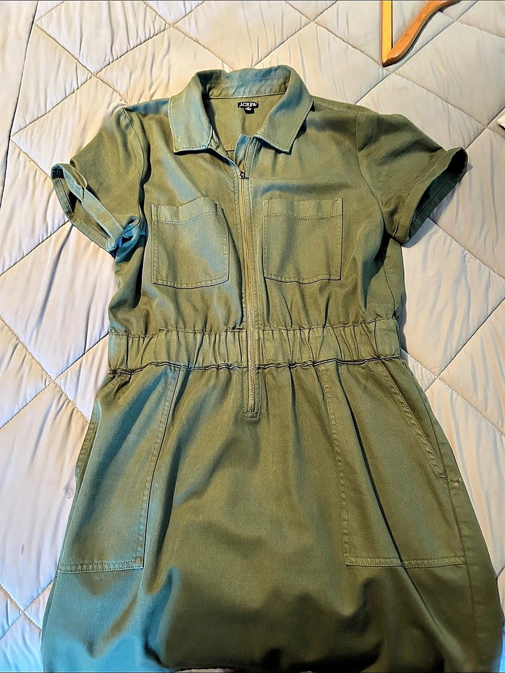 J.Crew Short-Sleeve Zip-Front Utility Mini Dress Green